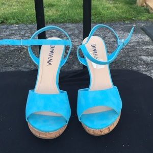 Teal/sea blue, ankle strap, wedge sandals (8.5)